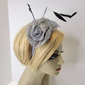 Silver Grey Rose Flower Headband Fascinator with Grey and Black Feathers